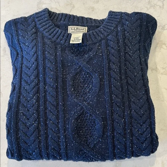 LL Bean Sweater Mens XL Regular Blue Fisherman Crewneck Cable Knit Organic